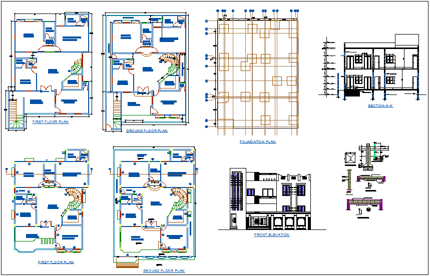 Floor plan of house with foundation plan and door and window view with section view dwg file