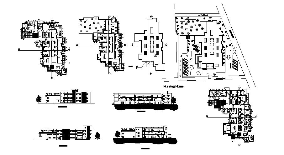 Floor plan of nursing home with different section and elevation in AutoCAD
