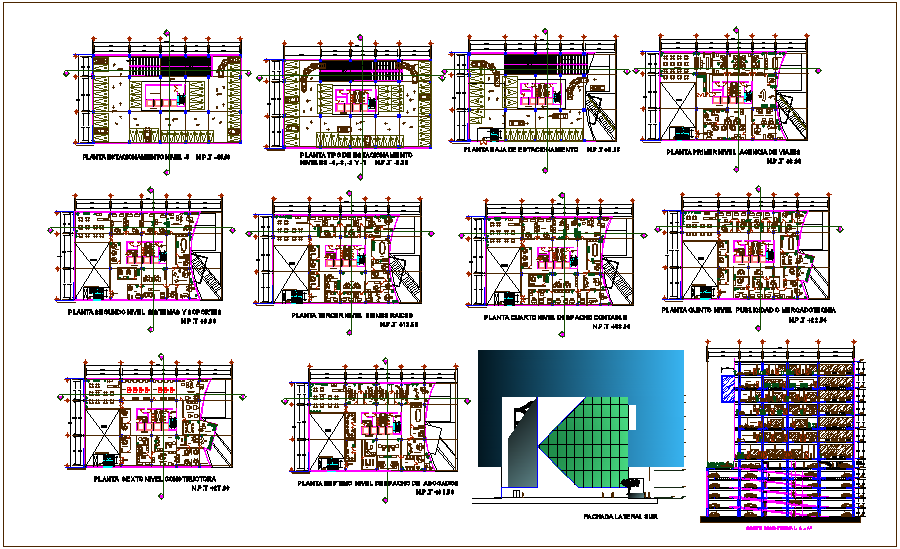 Floor plan of office building with elevation and section view dwg file