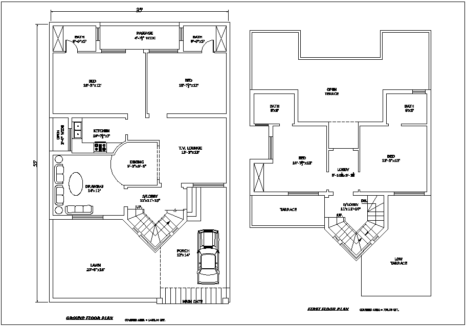 Floor plan of residence area with architecture view dwg file