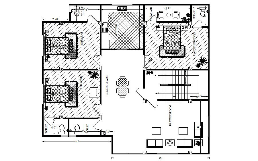 Floor plan of residential house design with furniture details in dwg file