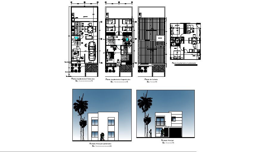 Floor plan of single-family house 6mtr x 13mtr with elevation in dwg file