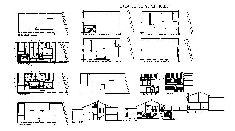 Floor plan of the house with elevation and section in AutoCAD
