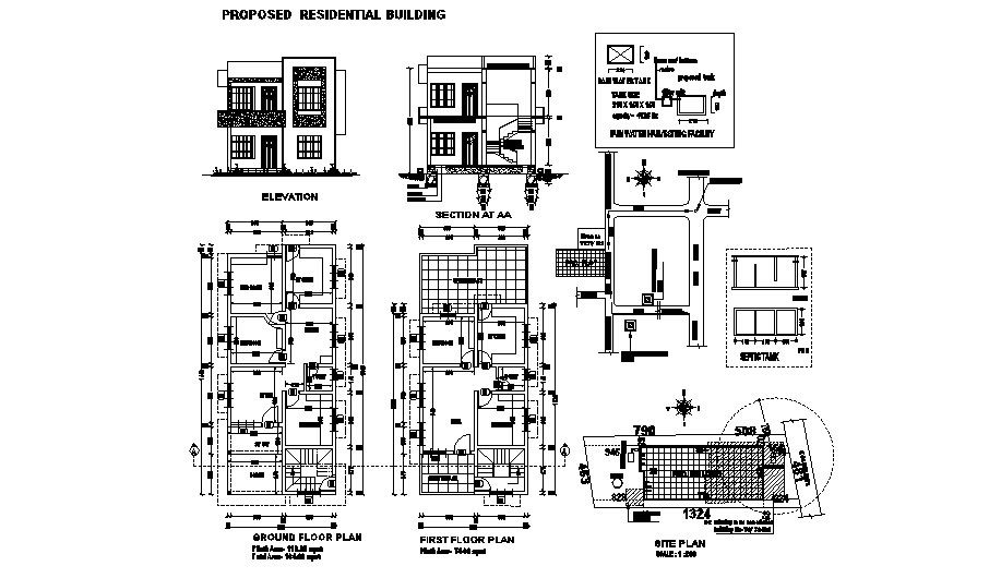 Floor plan of the house with elevation and section in dwg file
