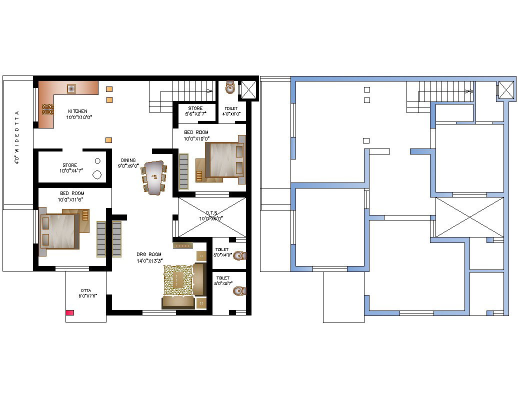 Floor plan of the house with furniture details in AutoCAD