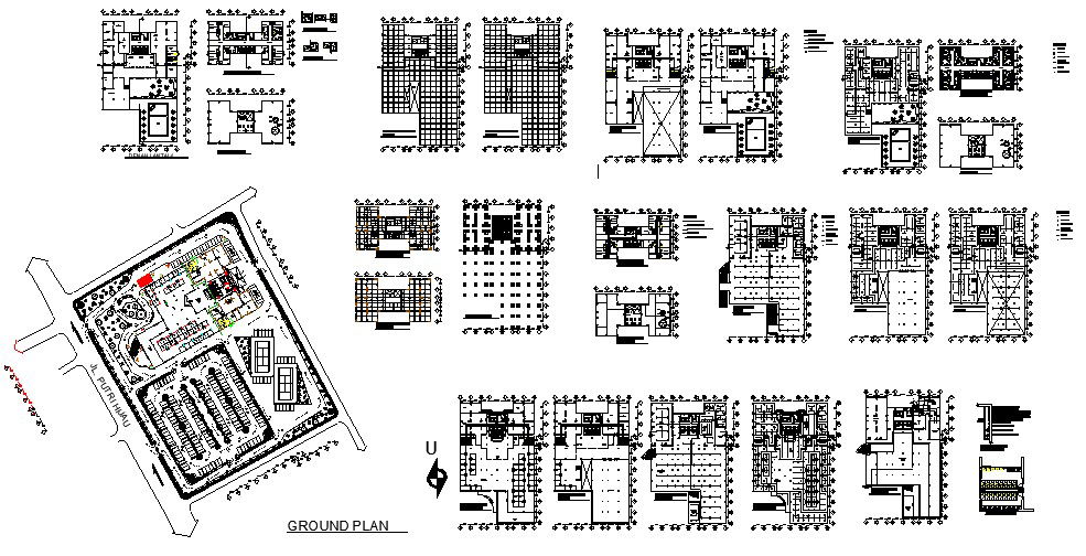 Floor plan of the multistorey hotel building with furniture detail in AutoCAD