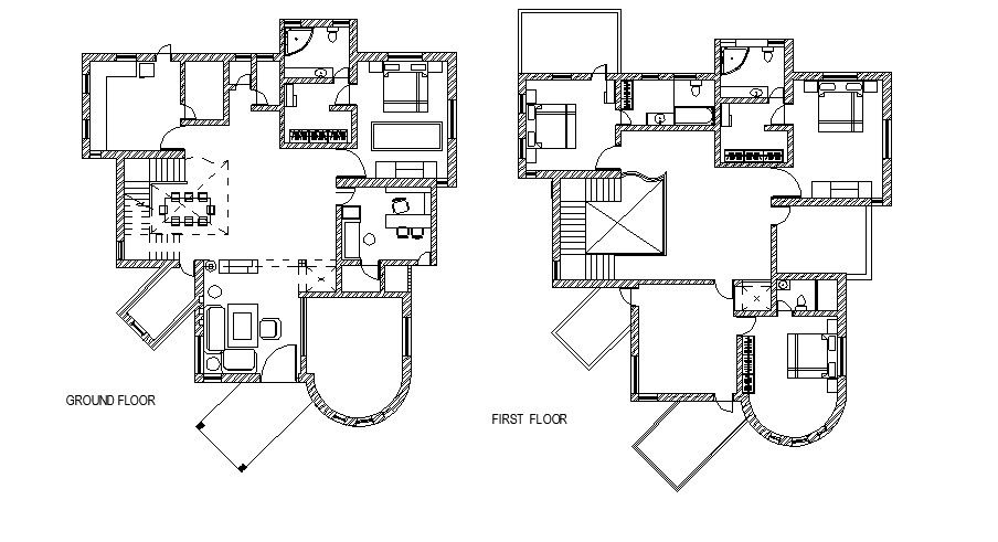 Floor plan of the residential house with furniture layout in dwg file