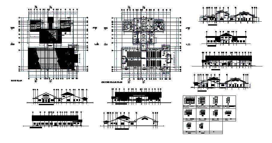 Floor plan of the school dining hall with elevation and section in dwg file