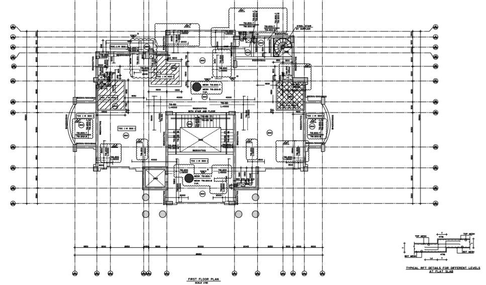 Floor plan with detail of typical rft details for different levels at flat slab