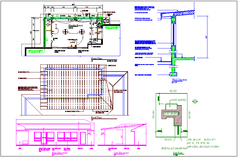 Floor plan with electrical view and roof plan of house dwg file