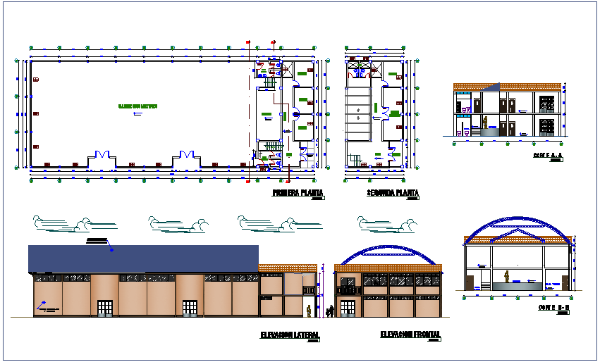 Floor plan with elevation and section view of community center dwg file