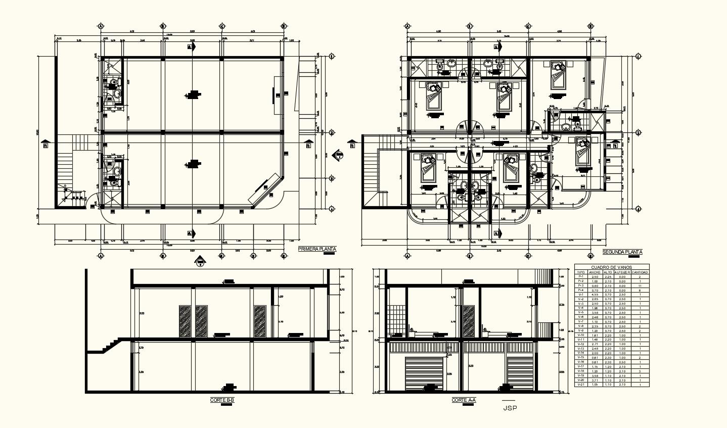 Floor plan with section view and window schedule for single family house with architecture view dwg file