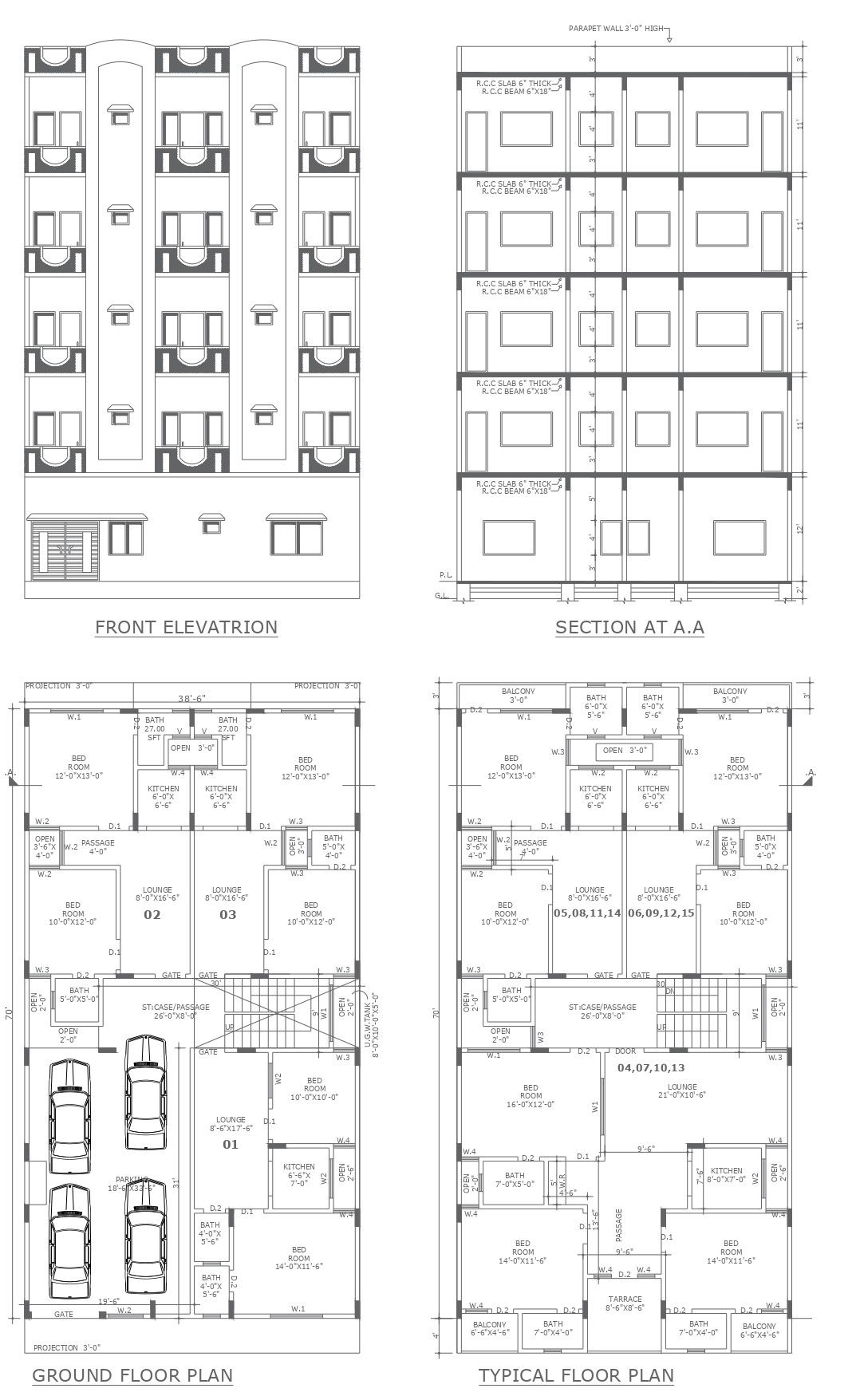 Floor Plan With Section and Front Elevation of 5-Storey Residential Building In DWG File