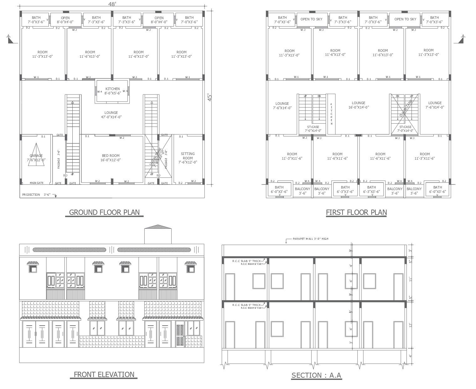 45’x48’ Floor Layout with Section & Elevation in DWG Format