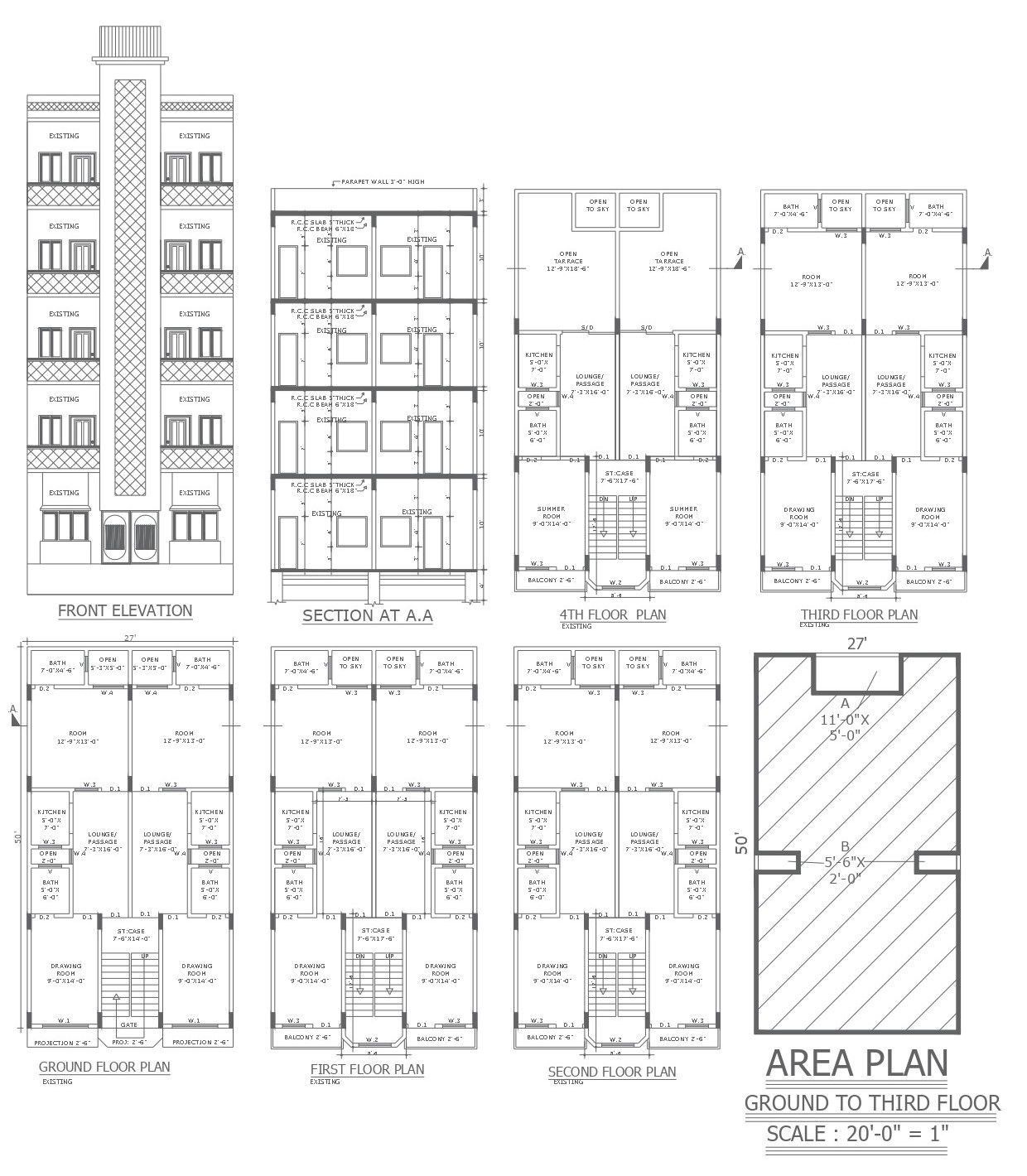 5-Storey Building Floor Plan DWG File with Section and Elevation