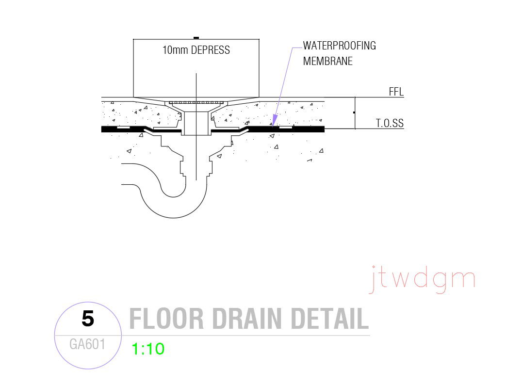Floor drain detail in AutoCAD 2D drawing, dwg file, CAD file