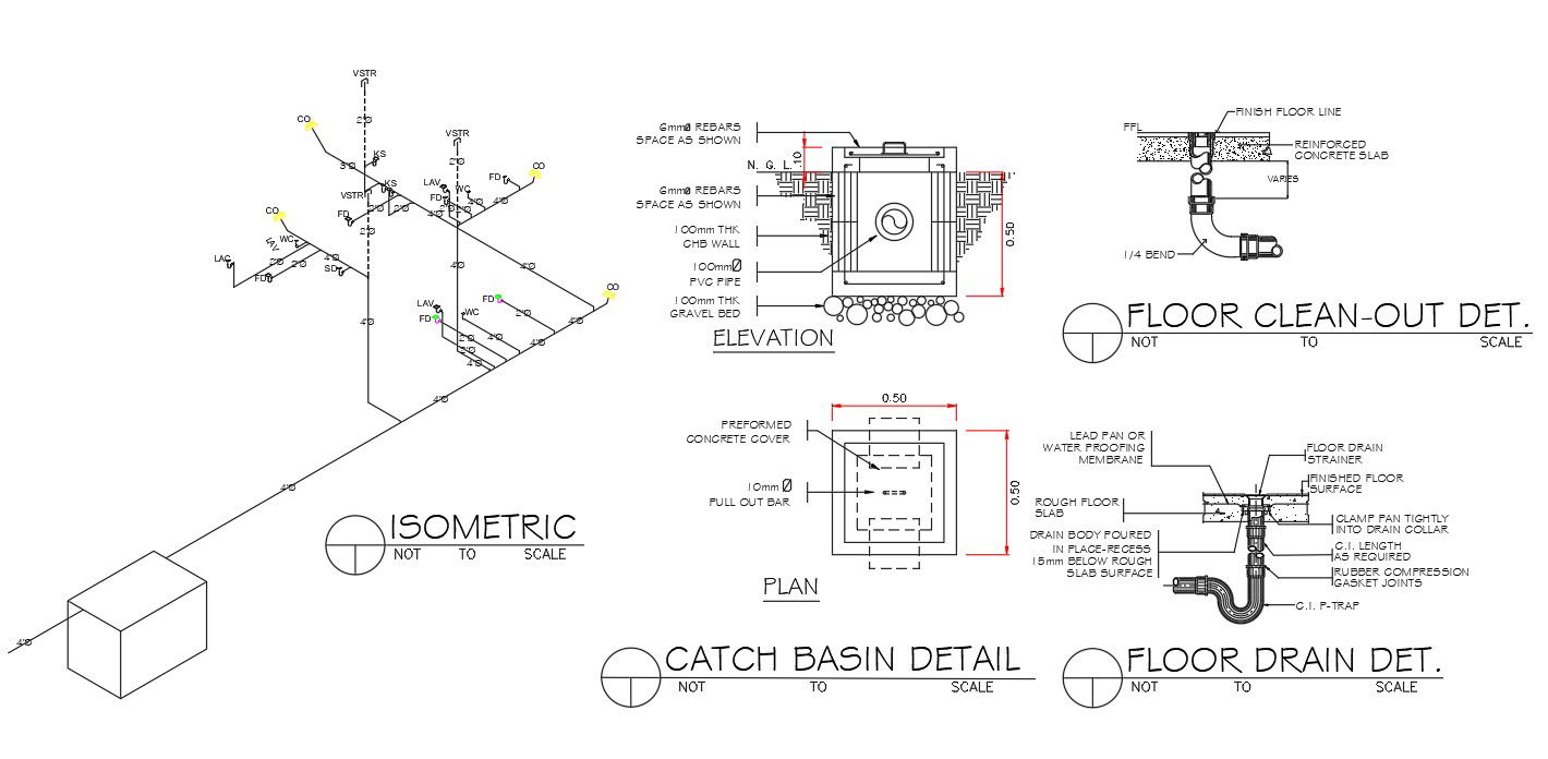 Floor drain details and catch basin details were given clearly in the the autocad 2D DWG drawing file. Download the Autocad DWG file.