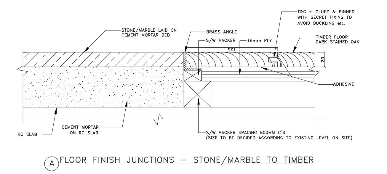 Floor finish junction-stone to timber detail in AutoCAD 2D drawing, dwg file, CAD file