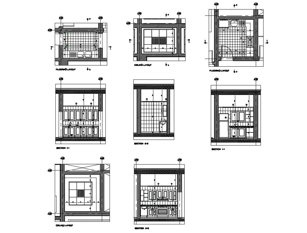 Flooring layout, ceiling layout, section and furniture details of office kitchen dwg file