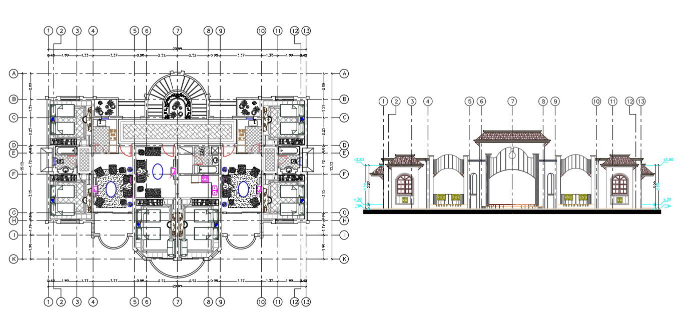 Single Storey Twin House CAD Model with Elevation DWG File