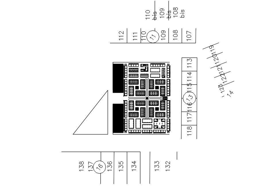 Floor plan of complex building in AutoCAD, dwg file.