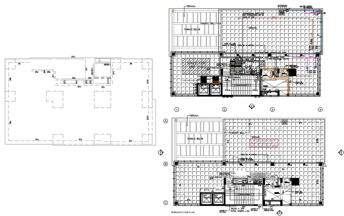 Floor plan of fire fighting terrace layout given in this file in the form of 2D Autocad DWG drawing file. Download the Autocad 2D DWG file.