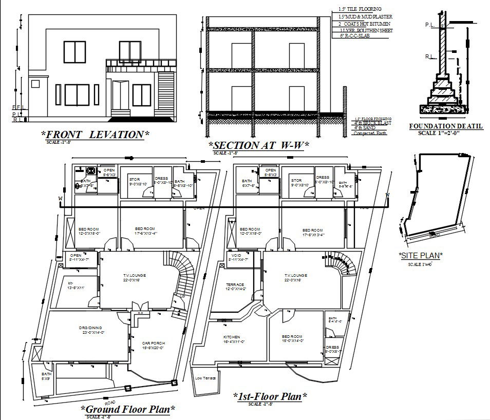 Two-level house plan in AutoCAD 2D with full detail set
