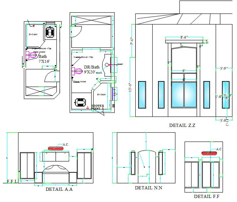 Toilet and Bathroom Floor Plan with Sections in AutoCAD File