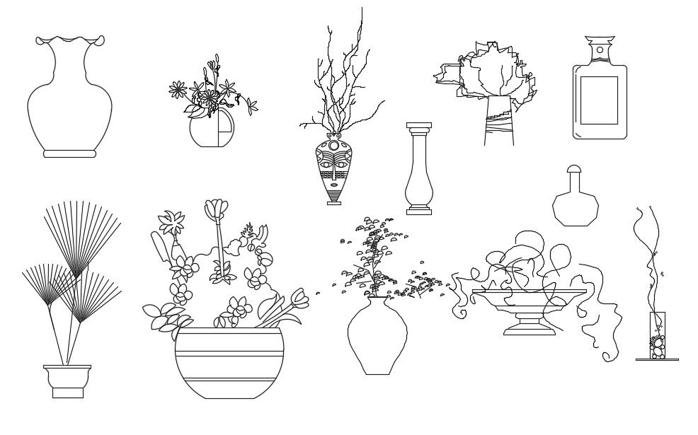 Flower Pot and Vase CAD Blocks Elevation Design for AutoCAD Design