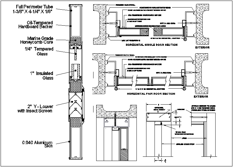 Flush aluminium door design with block wall in sectional view dwg file