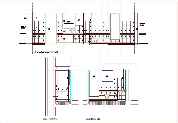 Folded elevation and section view for bathroom and toilet dwg file
