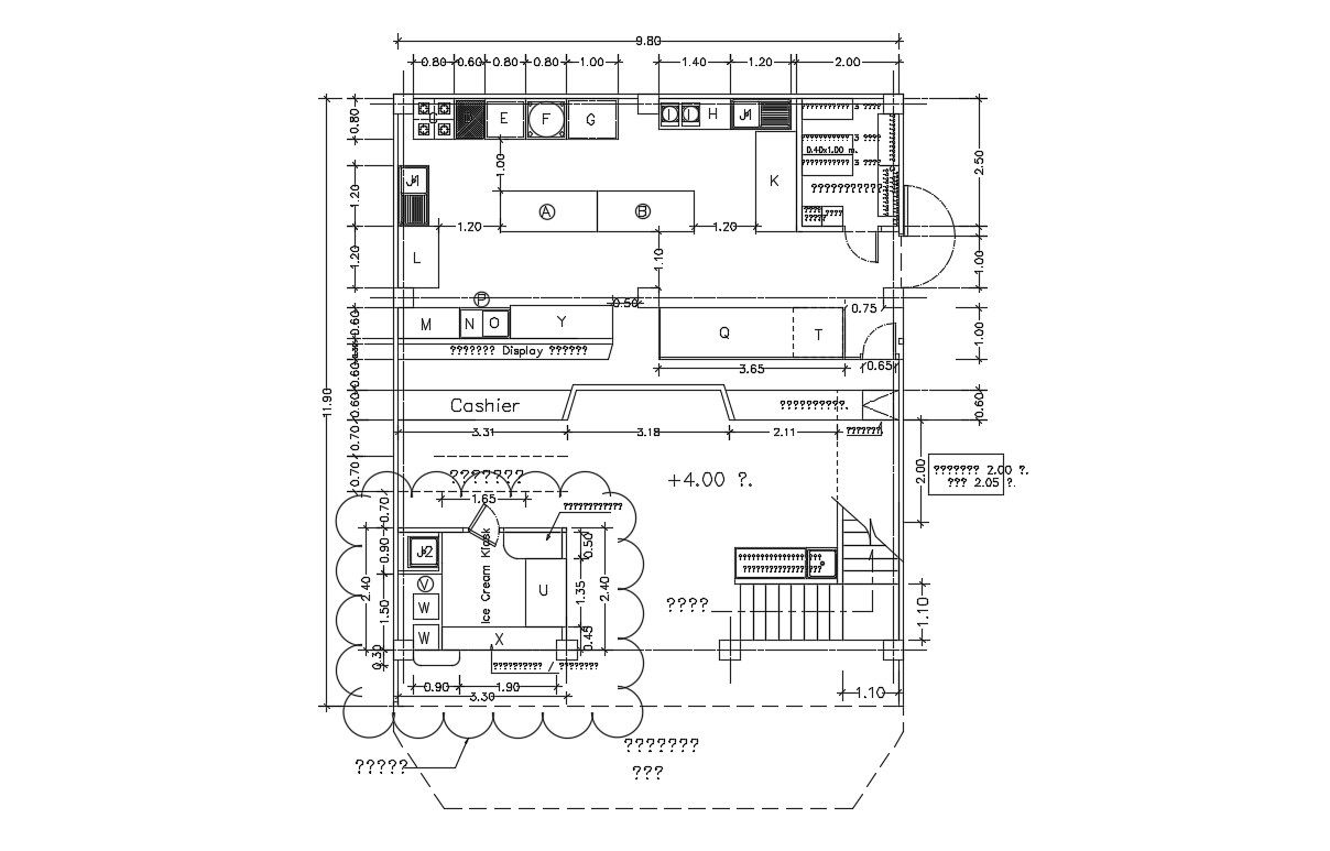 Food Court CAD Plan with Seating Layout and Interior Design Details