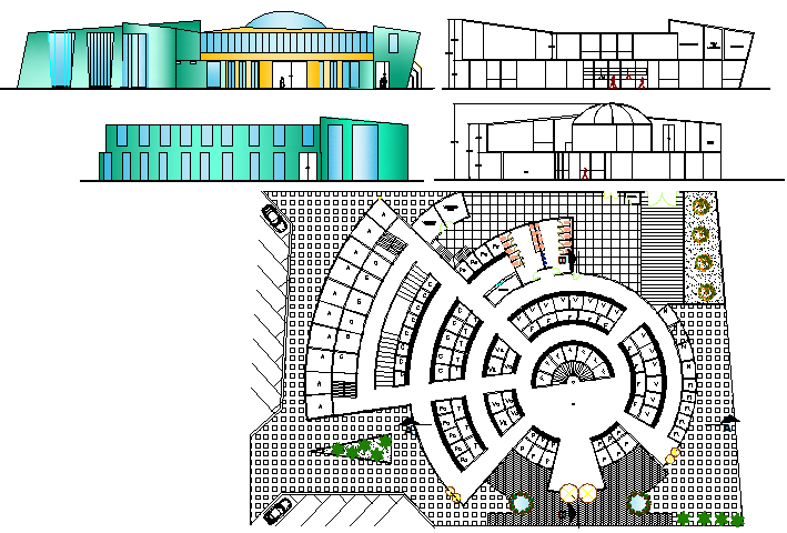 Food market elevation, sections and structure layout details dwg file