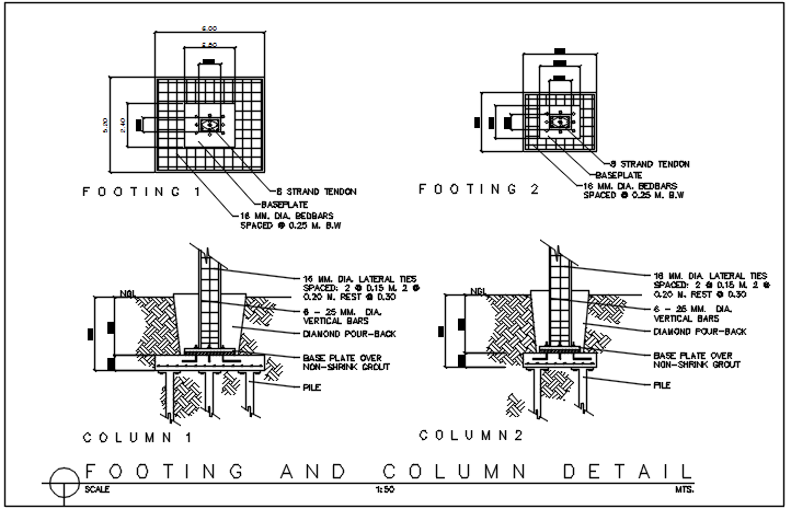 Footing and column plan and section plan detail dwg file