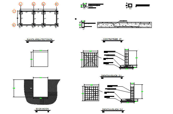 Footing detail, roof detail and table detail, slab detail dwg file