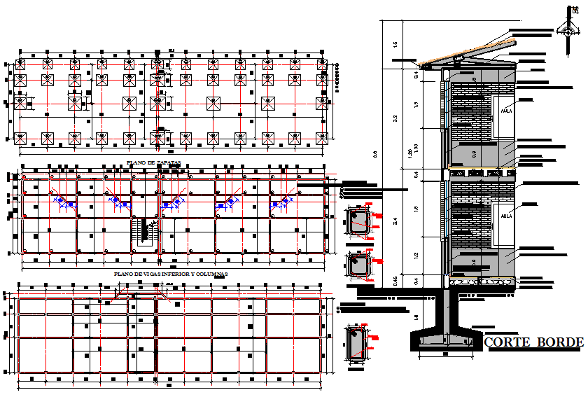 Footing plan, elevation and section detail dwg file