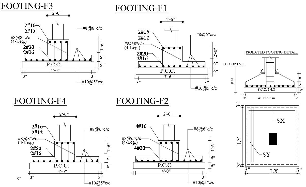 Footing detail drawing provided in this AutoCAD file. Download the AutoCAD file.