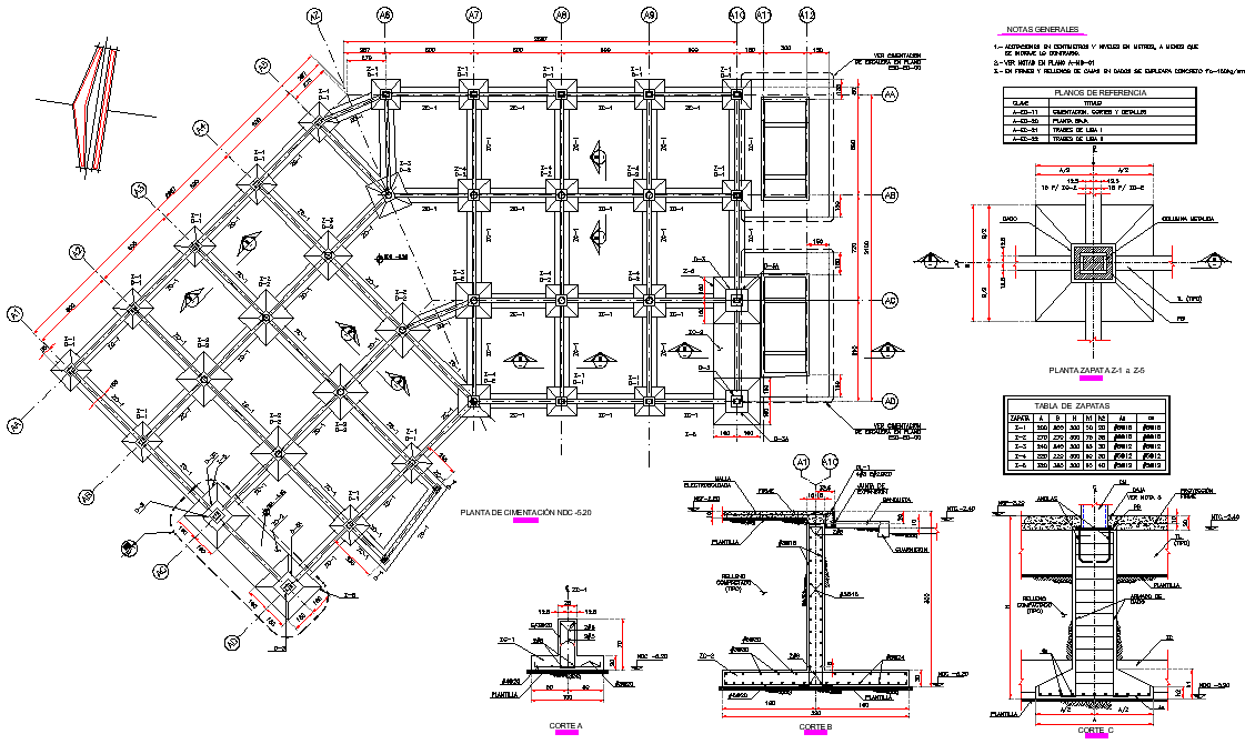 Footings for foundation plan and section plan detail