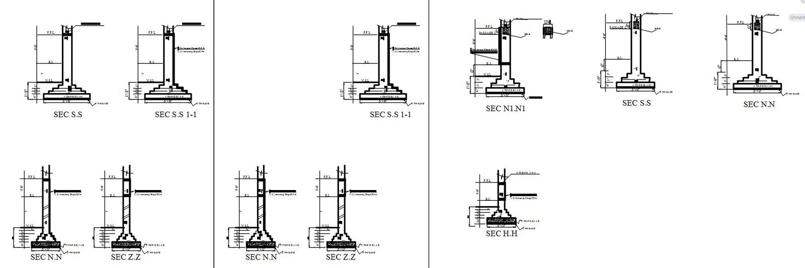 Footing section designs in AutoCAD 2D drawing, CAD file, dwg file