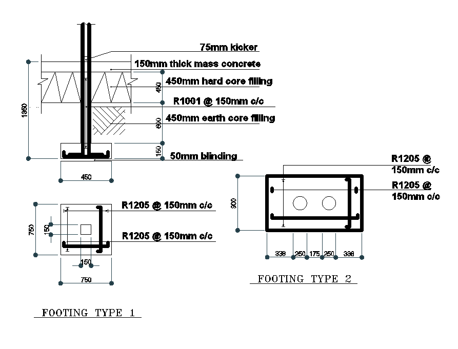Footing type is given for 12x14m house plan in this Autocad drawing file.Download now.