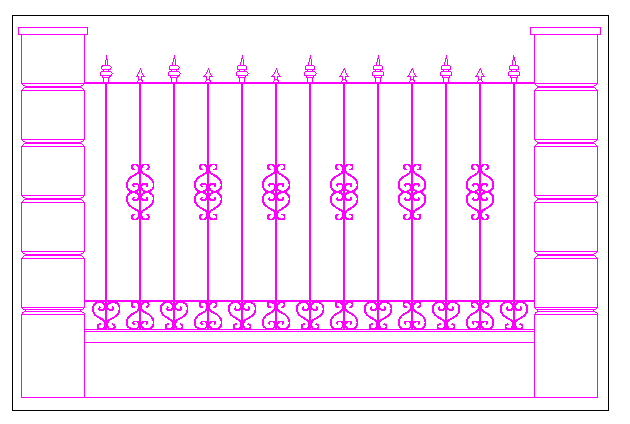Forged fence between pillars of masonry dwg file