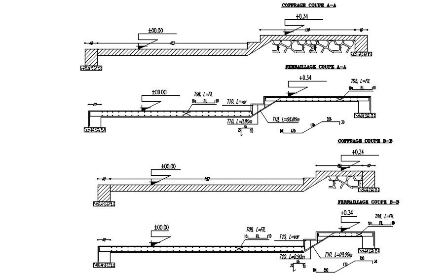 Formwork and reinforcement details of the slab and stairs in AutoCAD 2D drawing, CAD file, dwg file