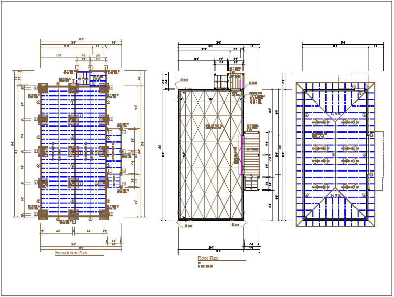 Foundation, floor and roof plan layout view in detail information dwg file