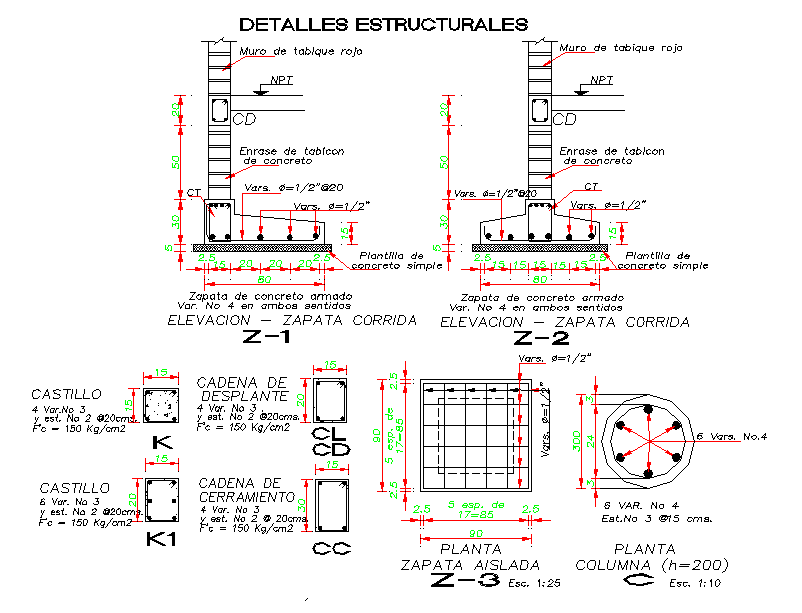 Foundation and column section plan detail dwg file