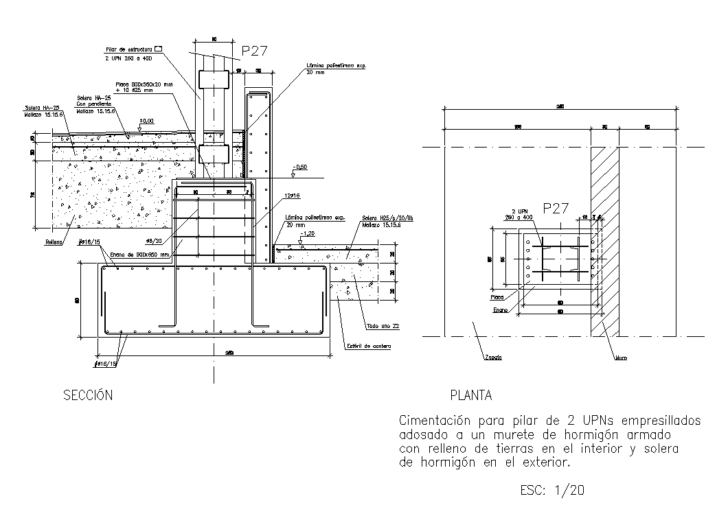 Foundation pillar CAD structure detail section and plan layout autocad file