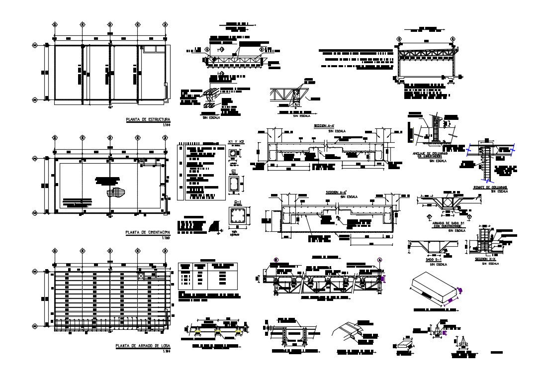 Foundation plan, beam construction and structure details of showroom dwg file