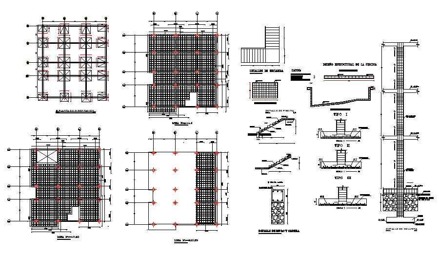 Foundation plan, staircase, beam and constructive structure details dwg file