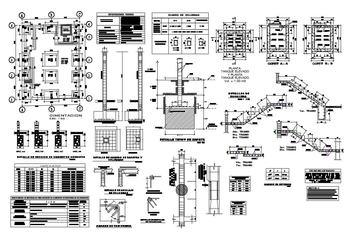 Foundation plan, staircase and construction details of apartment building dwg file