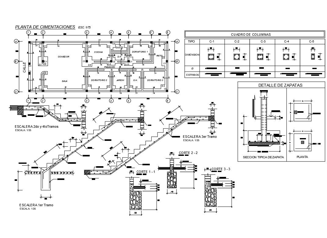 Foundation plan, staircase and constructive details of two-story house dwg file