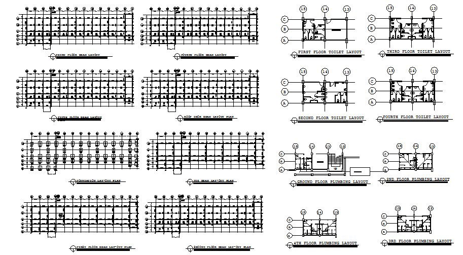 Foundation plan and beam layout plan details of all floors of school dwg file